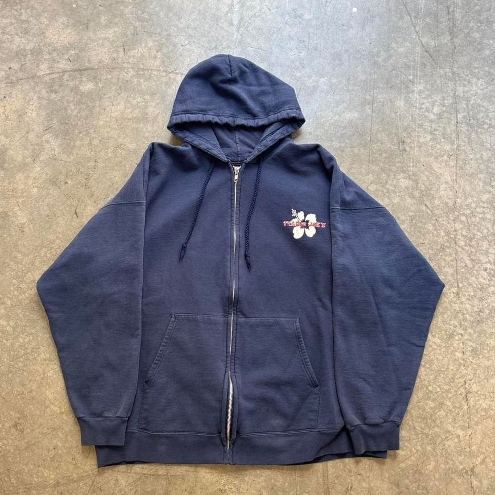 Vintage Hanes Heavyweight Trader Joes Hibiscus Flower Zip Hoodie Navy Blue XXL